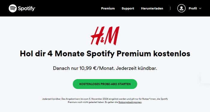 Spotify Premium gratis bei HM erhalten