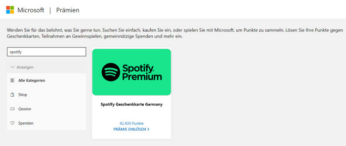 Spotify Premium Geschenkkarte bei Microsoft einlösen