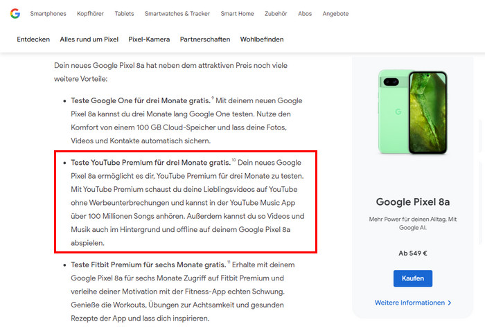 YouTube Premium 3 Monate gratis über Kauf eines Google Pixel 8a
