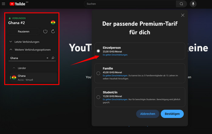 YouTube Premium günsitger abonnieren via VPN