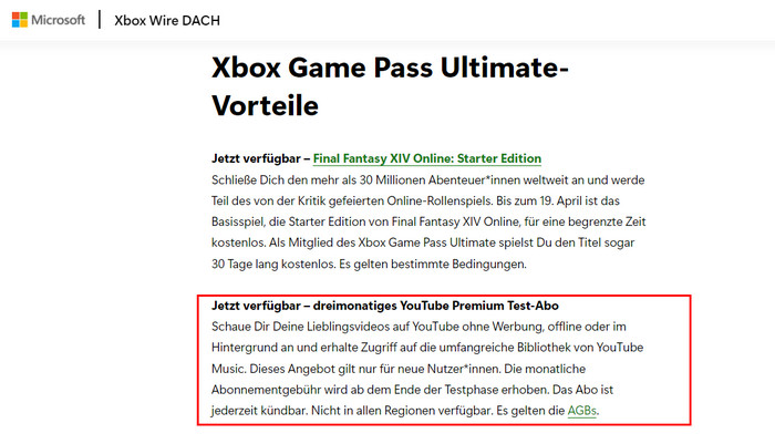 YouTube Premium als Xbox Game Pass Ultimate Perk