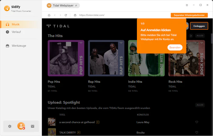 sich bei Tidal anmelden