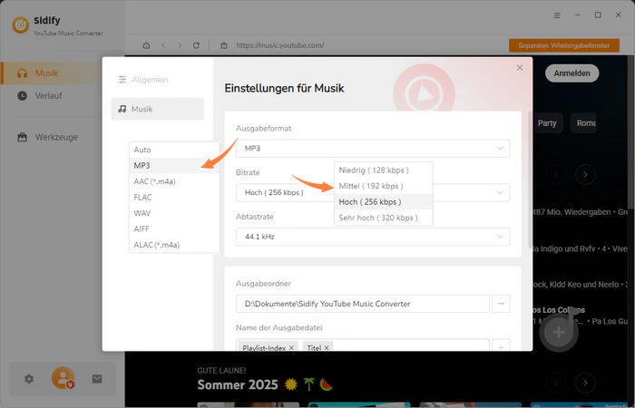 MP3 als Format einstellen