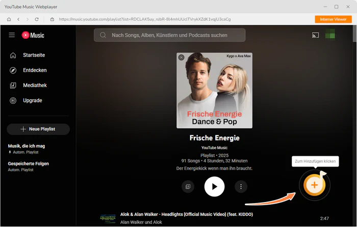 Playlist von YouTube Music auswählen und hinzufügen