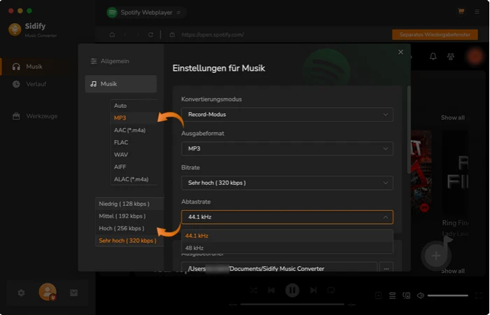 Einstellungen von Spotify Musik