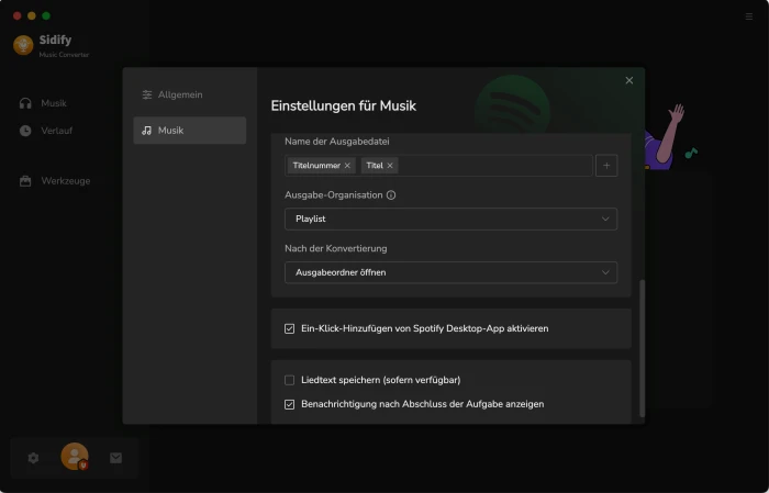 Allgemeine Einstellungen von Sidify